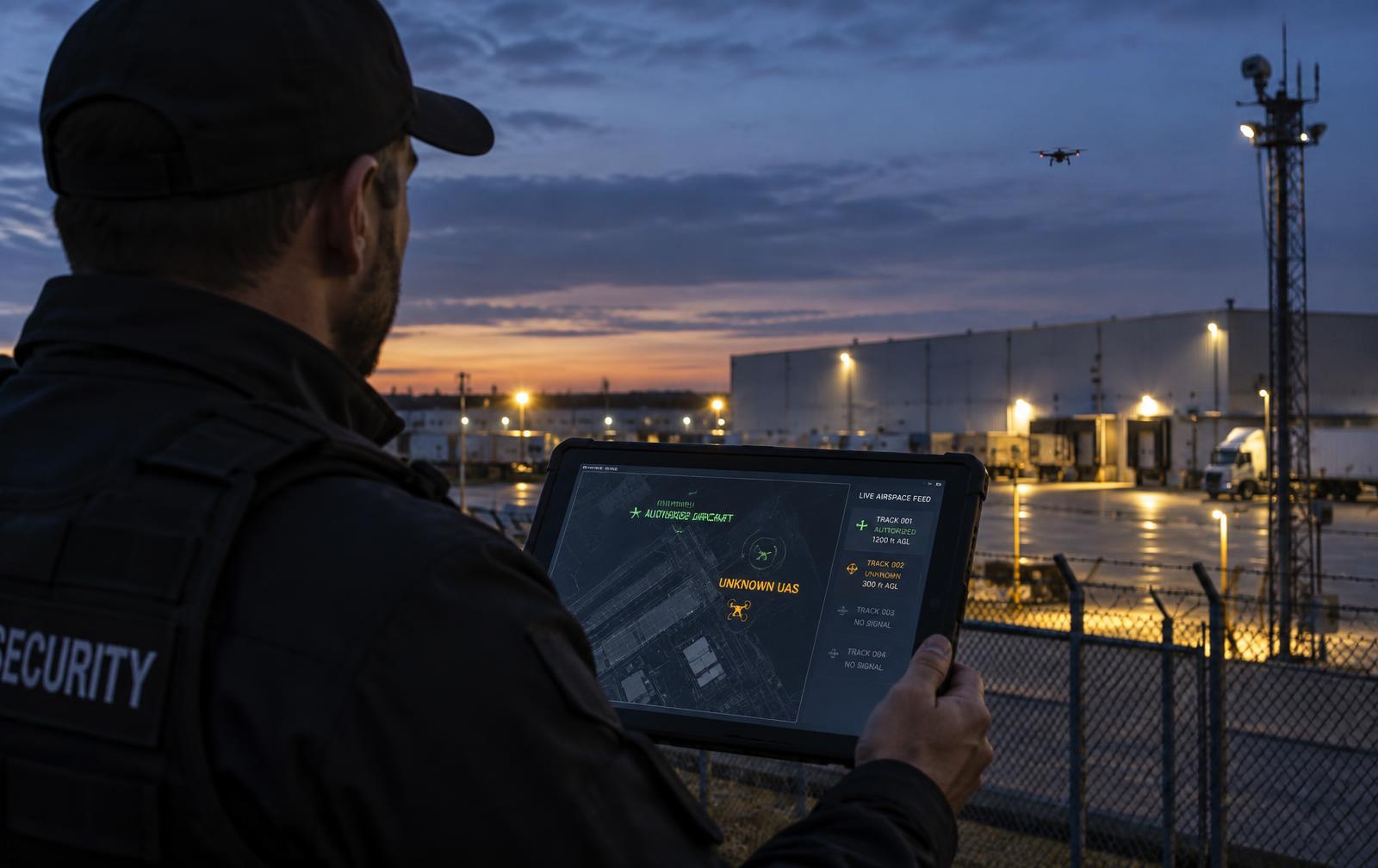 Security officer at a facility perimeter reviewing an airspace alert on a tablet, with a drone in the distance