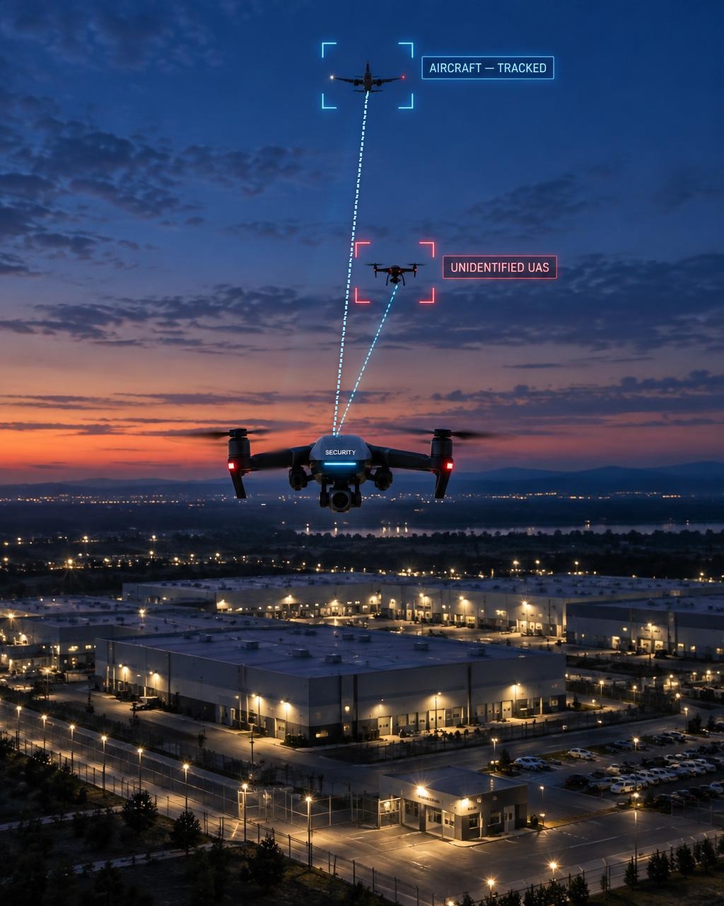 Security drone detecting and identifying an unidentified drone and a tracked aircraft above an industrial campus