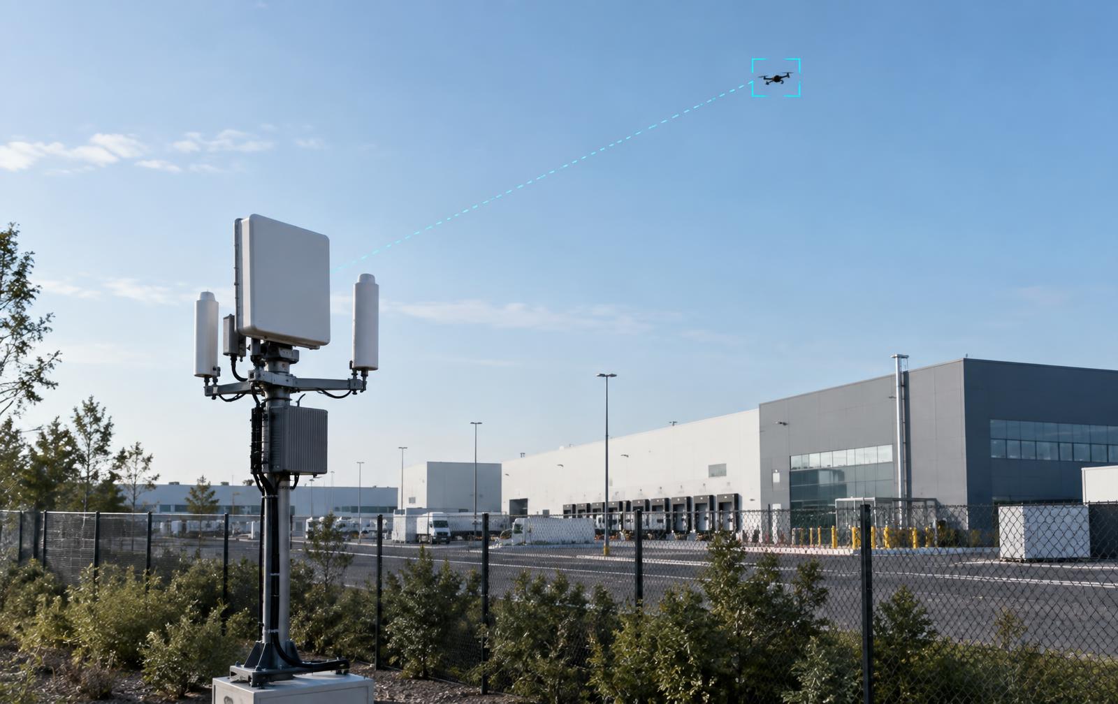 Drone-detection sensor array at an industrial campus tracking an unidentified drone in the sky