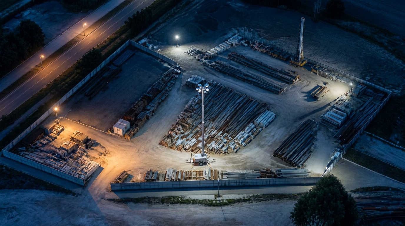 Construction laydown yard covered by a deployed surveillance unit at night
