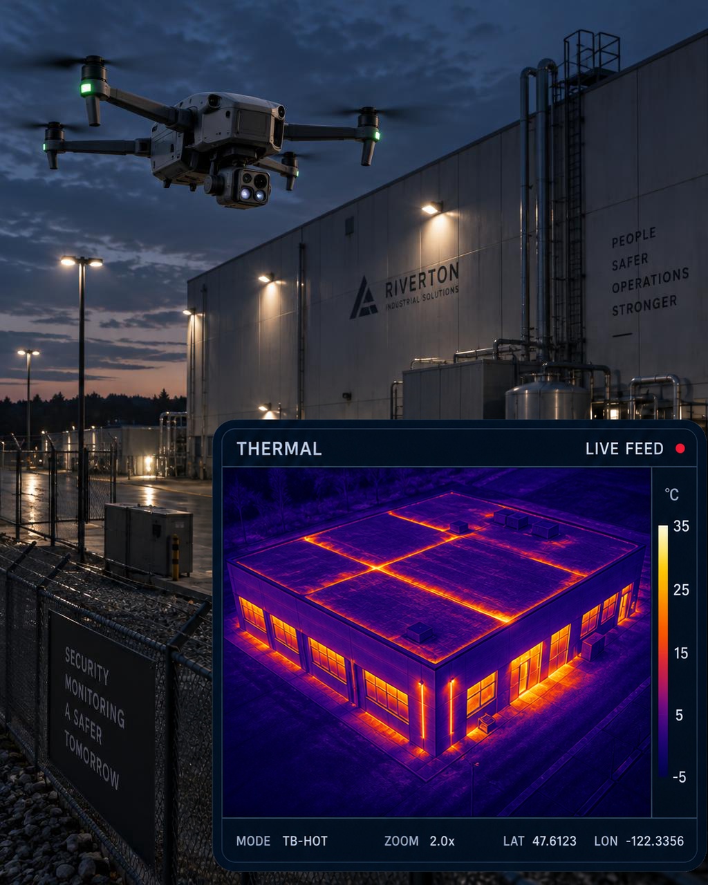 Drone aerial thermal view of heat leakage from a building