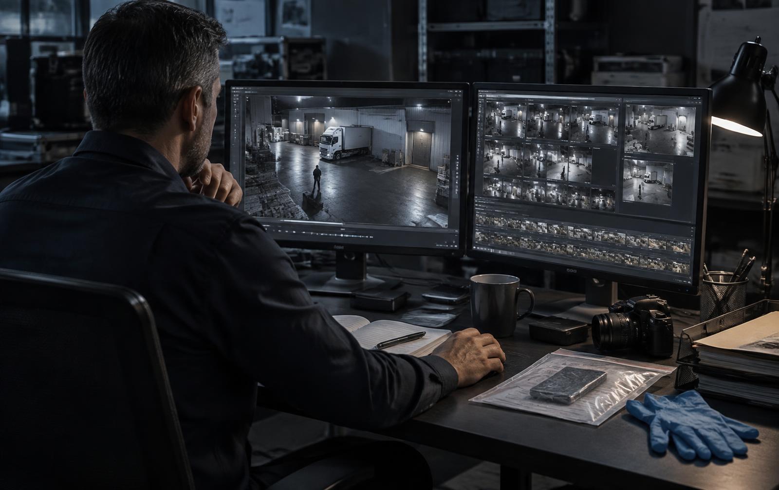 Forensic analyst reviewing documented security footage and evidence