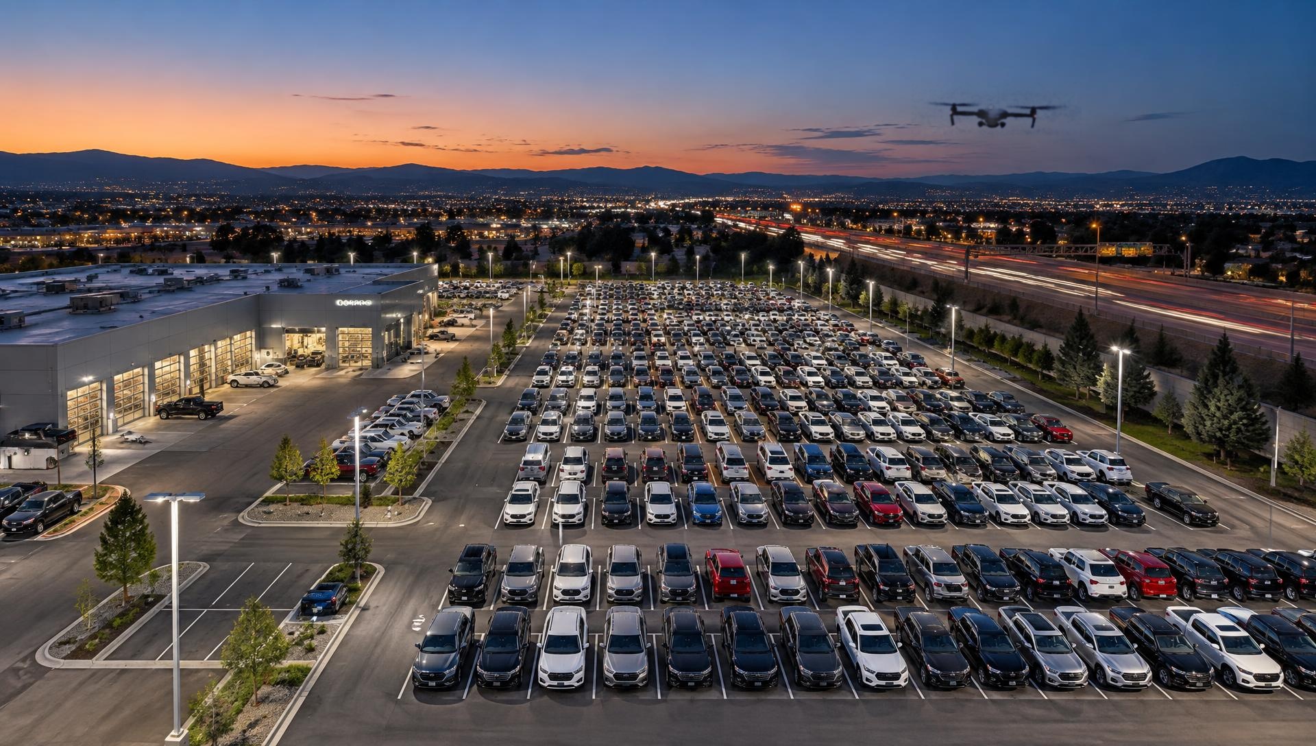 Aerial view of an organized vehicle auction and dealership storage lot