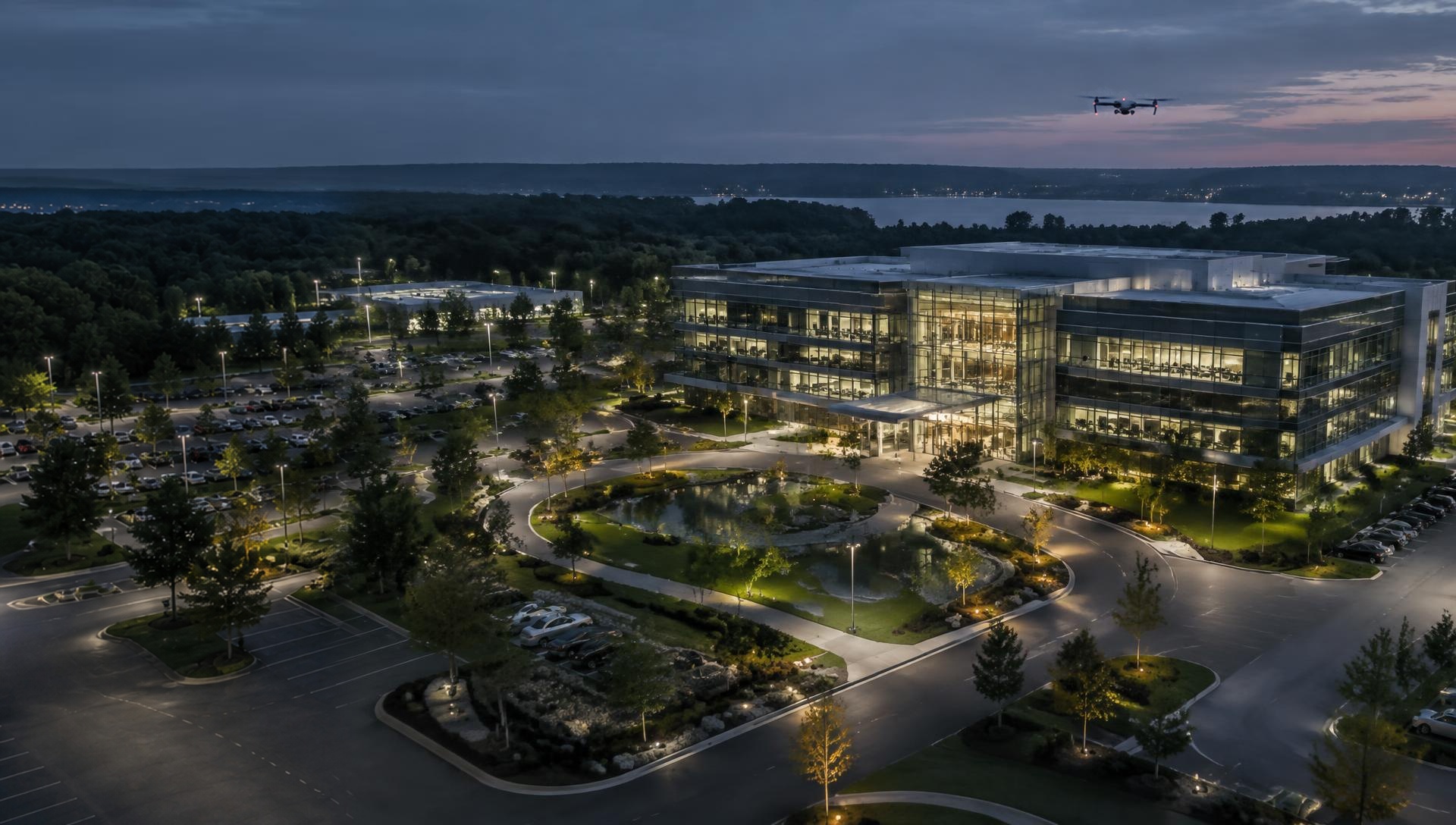 Aerial view of a corporate headquarters campus
