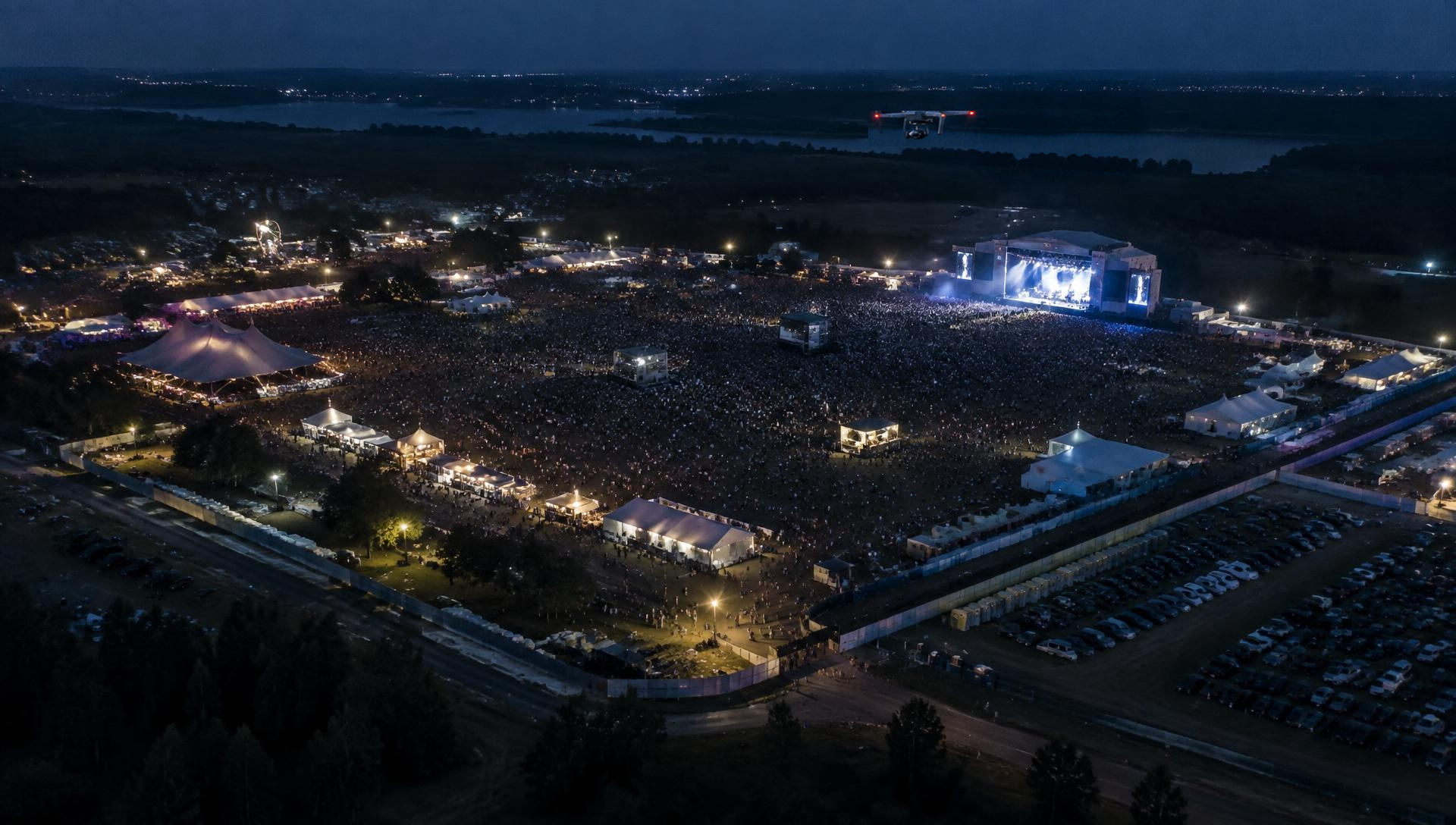 Aerial view of a protected outdoor festival and event ground