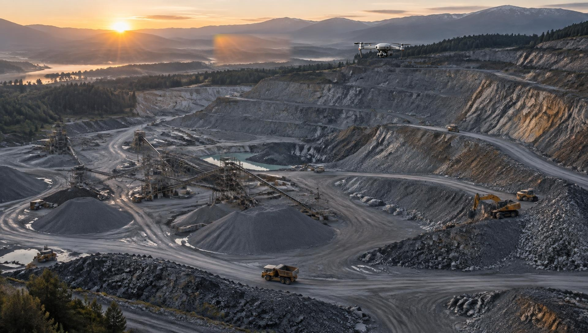 Aerial view of a mining and aggregate operation