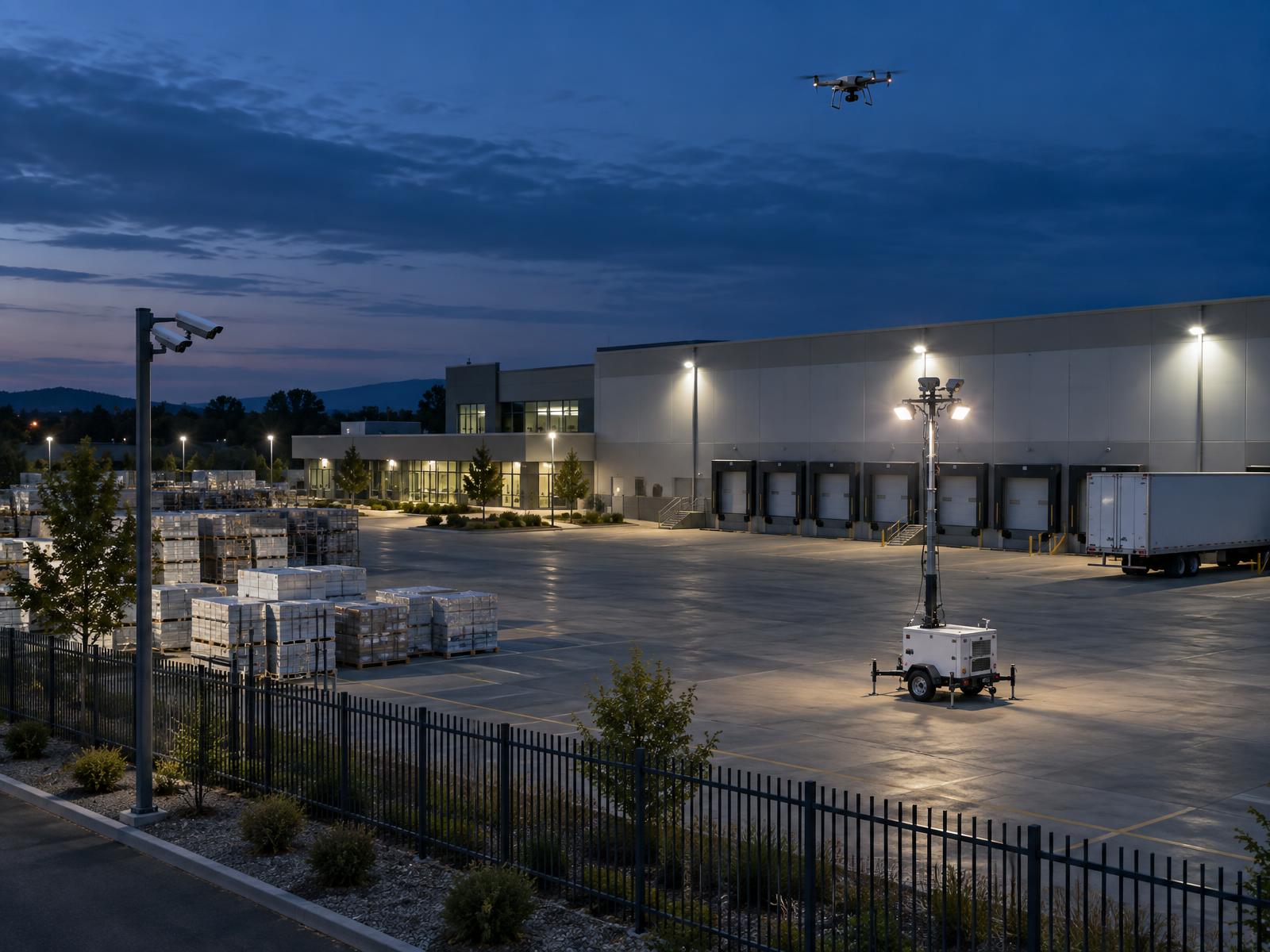 Security drone, fixed cameras and a mobile surveillance trailer providing layered coverage of a distribution property at dusk