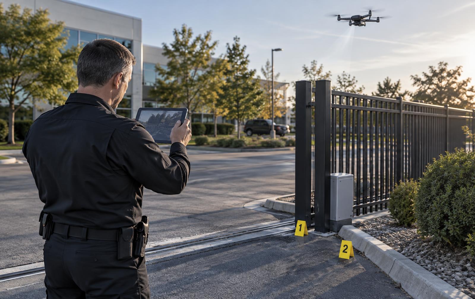 Security investigator documenting an incident scene at a facility gate while a drone captures aerial documentation