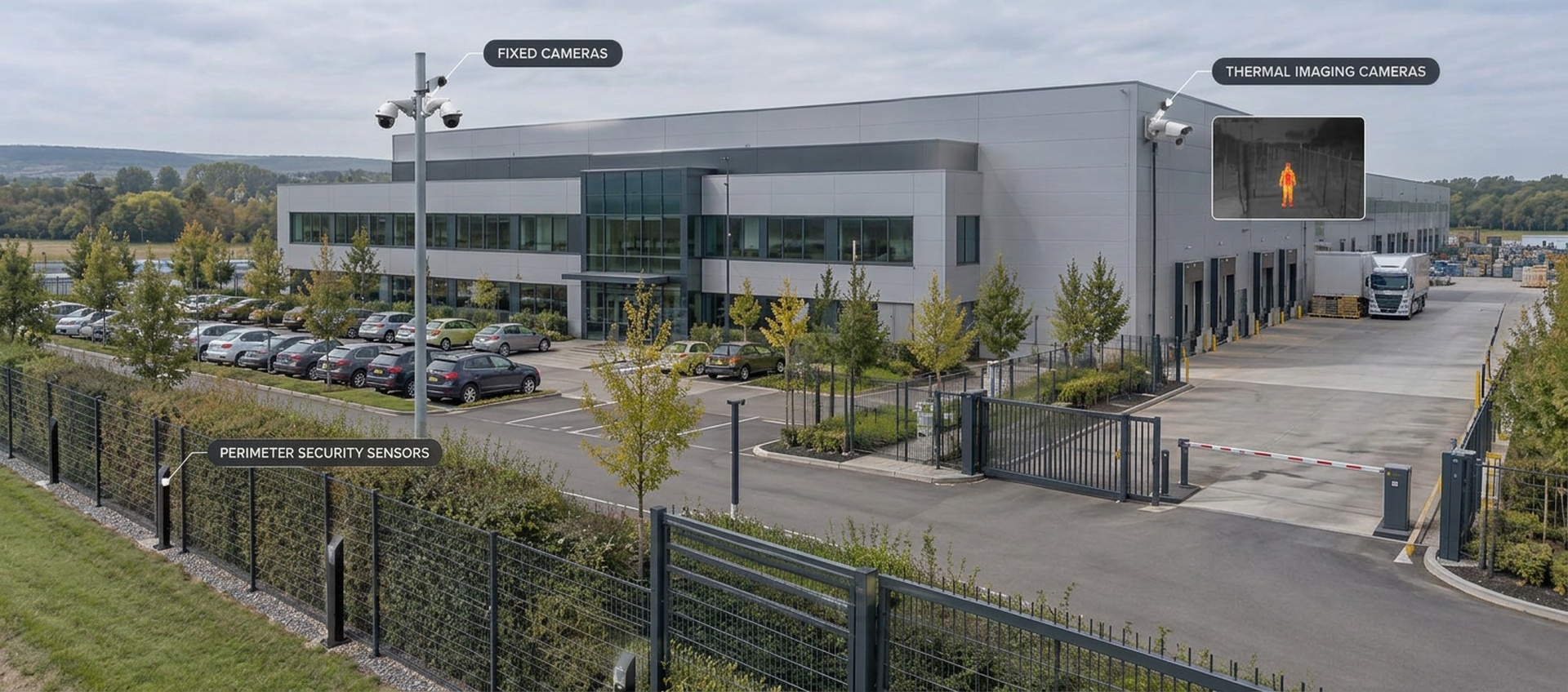 Overview of a commercial property with fixed cameras, thermal imaging cameras and perimeter security sensors labeled