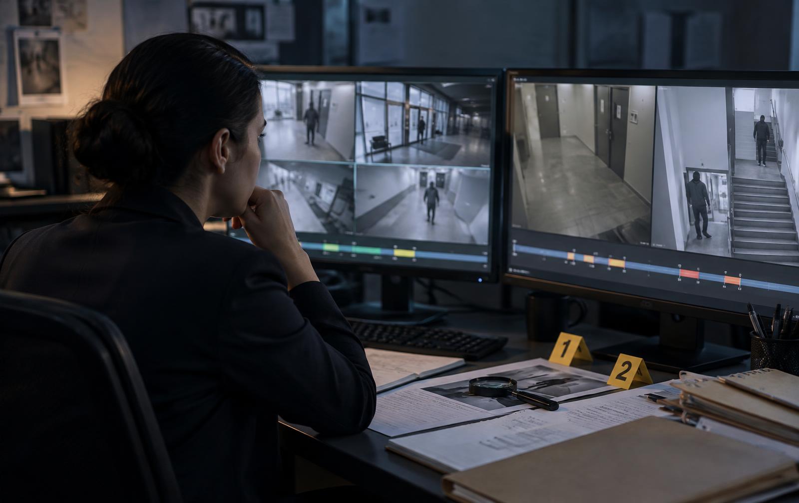 Investigations analyst reviewing synchronized multi-camera security footage with an event timeline and evidence documents