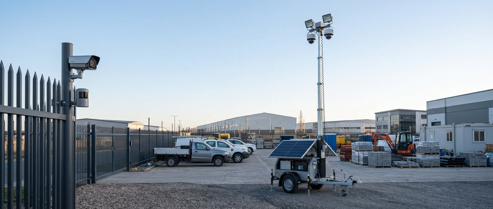 Mobile surveillance trailer with elevated cameras and solar power protecting an equipment yard