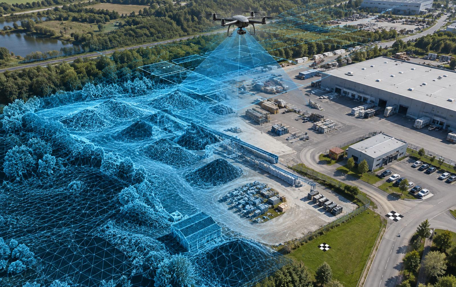 Surveying drone capturing overlapping imagery while building a 3D point-cloud model of an industrial site