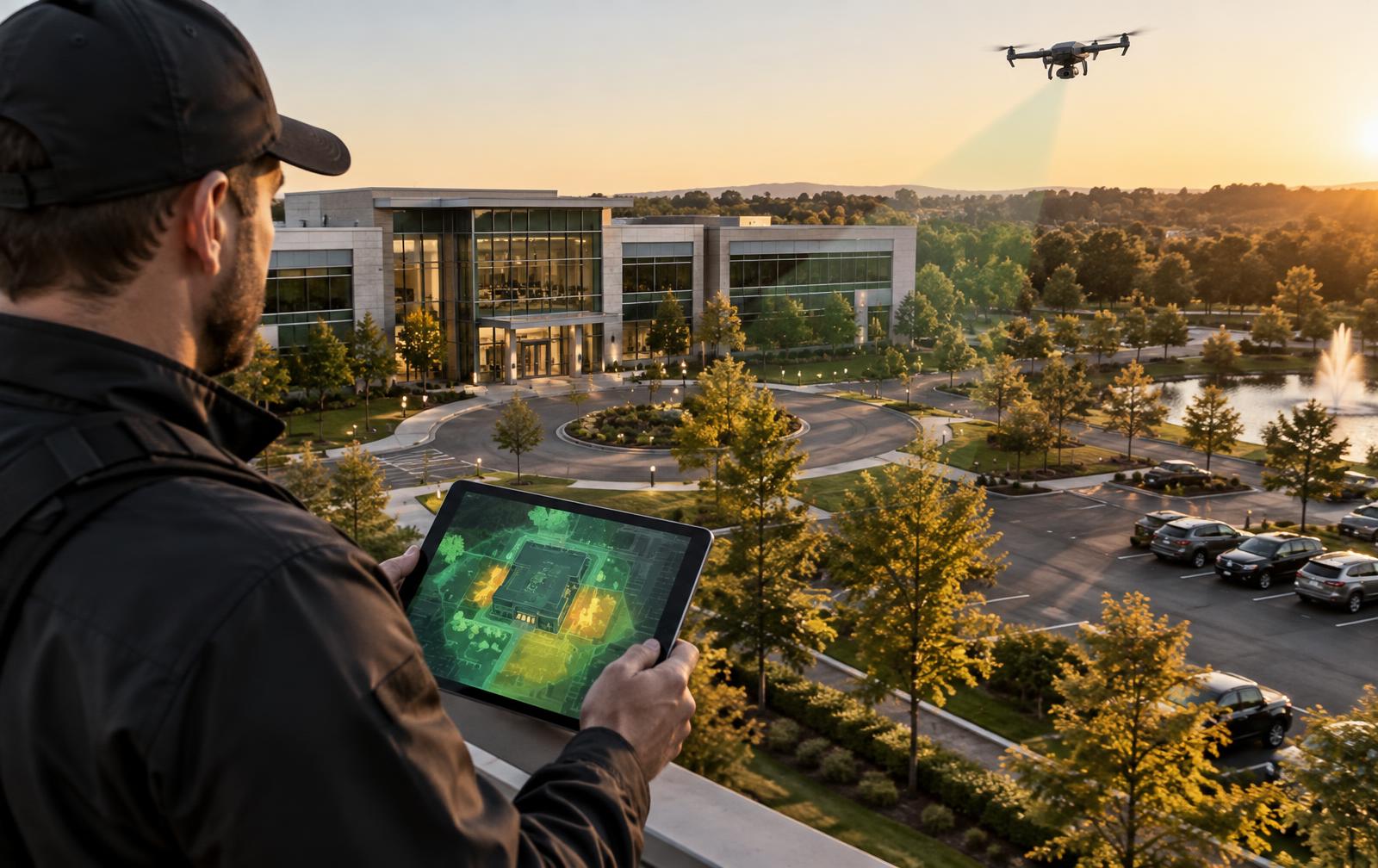 Security assessor reviewing a site coverage map on a tablet at a corporate campus while a drone surveys the grounds