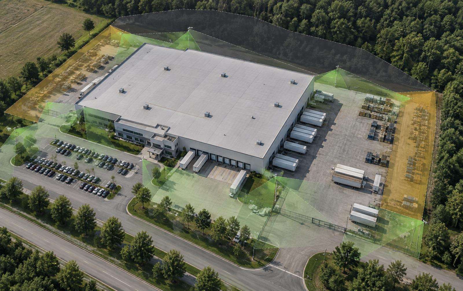 Aerial view of a distribution facility with coverage zones mapped, showing observed, partially observed and unobserved areas