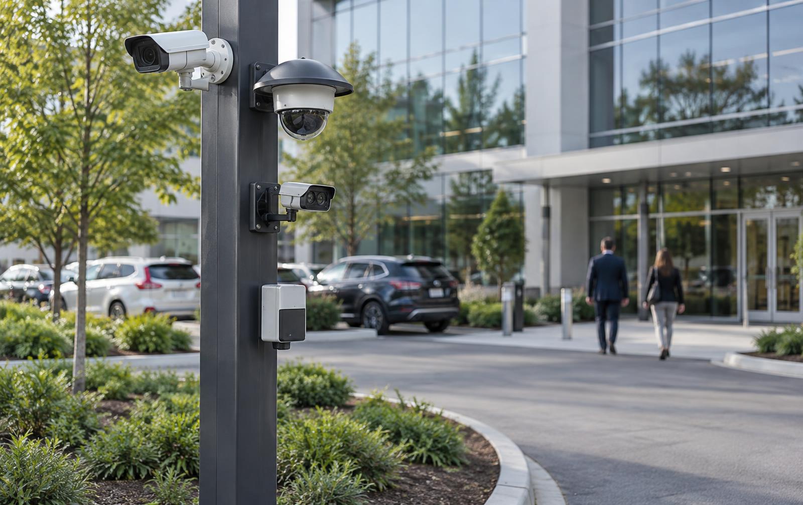 Integrated security camera cluster with thermal, dome and license-plate cameras and a sensor unit at a corporate facility entrance