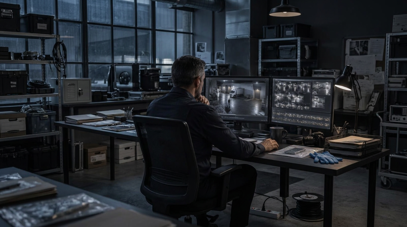 Forensic analyst reviewing documented security footage and evidence